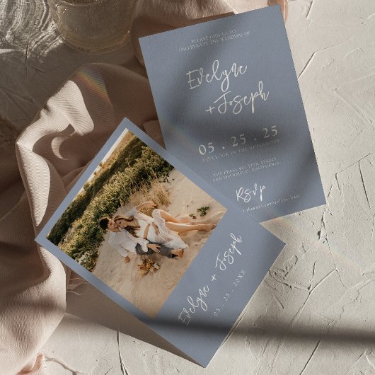 Elegant Dusty Blue Minimalist Boho Photo Wedding Einladung