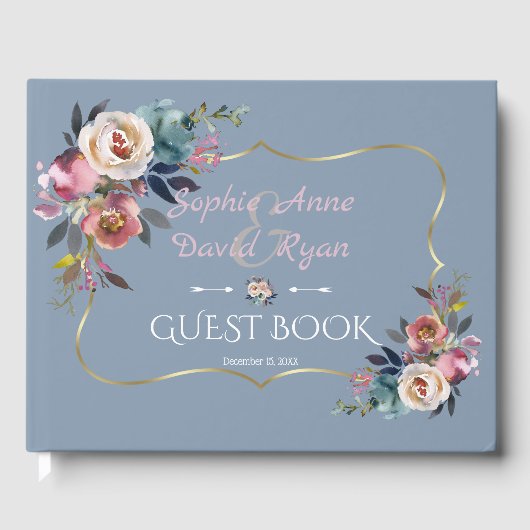 Elegant Dusty Blue Misty Rose Gold Wedding Gästebuch (Vorderseite)