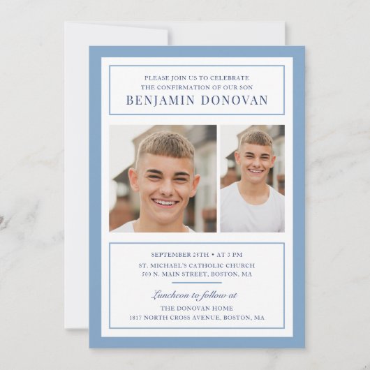 Elegant Dusty Blue mit Foto-Bestätigung Einladung (Vorderseite)