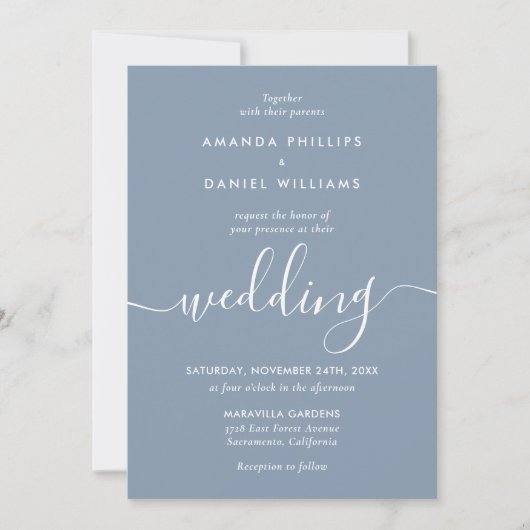 Elegant Dusty Blue Modern Script Wedding Einladung (Vorderseite)