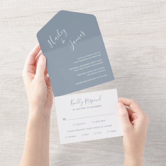 Elegant Dusty Blue Modern Wedding All In One Einladung (Abreißen)
