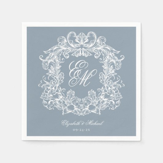 Elegant Dusty Blue Monogram Crest Script Wedding Serviette (Vorderseite)