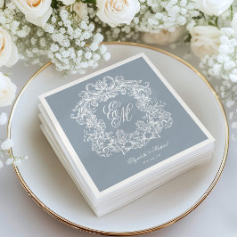 Elegant Dusty Blue Monogram Crest Script Wedding Serviette