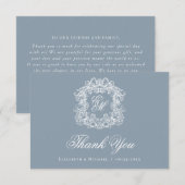 Elegant Dusty Blue Monogram Crest Vintage Wedding  Dankeskarte (Vorne/Hinten)