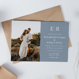 Elegant Dusty Blue Monogram Custom Foto Wedding Einladung