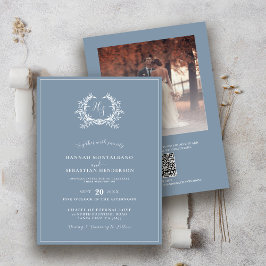 Elegant Dusty Blue Monogram Foto Overlay Wedding Einladung