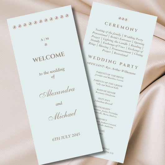 Elegant Dusty Blue Monogram Pearl Wedding Program Programm
