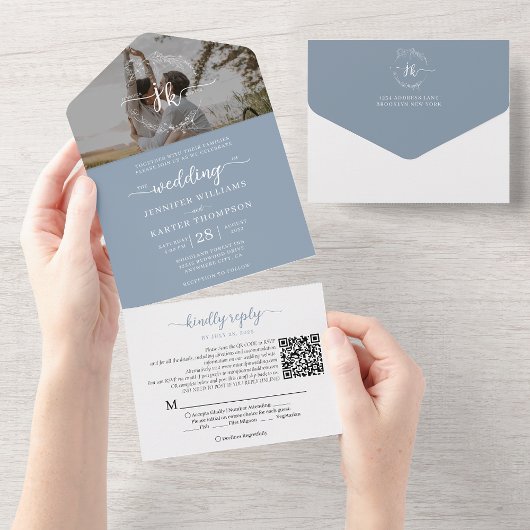 Elegant Dusty Blue Monogram QR Code Foto Wedding All In One Einladung