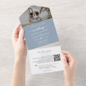 Elegant Dusty Blue Monogram QR Code Foto Wedding All In One Einladung (Abreißen)