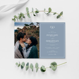 Elegant Dusty Blue Monogram Simple Foto Wedding Einladung
