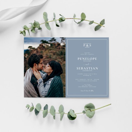 Elegant Dusty Blue Monogram Simple Foto Wedding Einladung