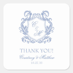 Elegant Dusty Blue Monogram Wappen Vielen Dank Quadratischer Aufkleber