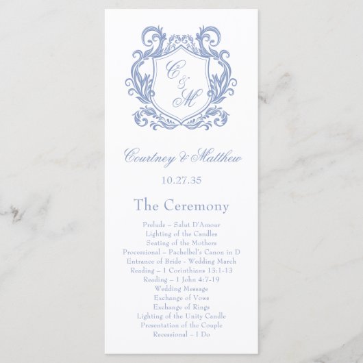 Elegant Dusty Blue Monogram Wappen Wedding Programm (Vorderseite)