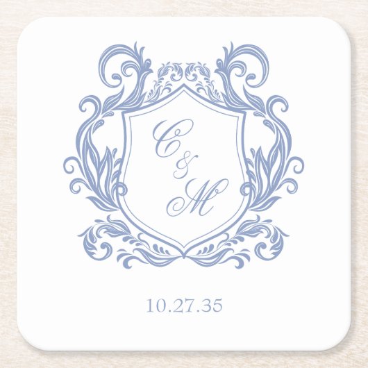 Elegant Dusty Blue Monogram Wappen Wedding Rechteckiger Pappuntersetzer (Vorderseite)