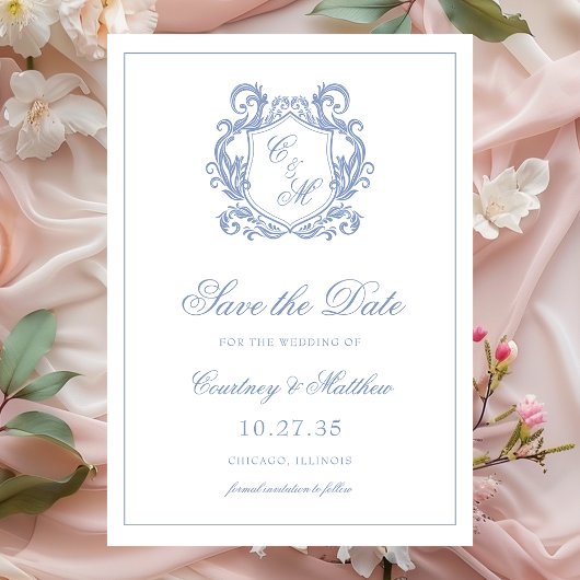 Elegant Dusty Blue Monogram Wappen Wedding Save The Date
