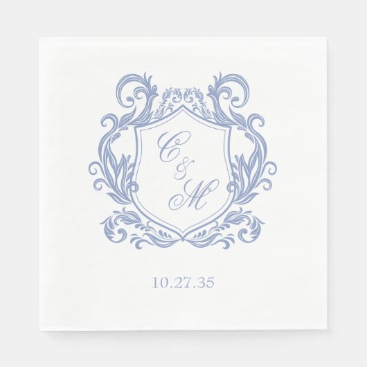 Elegant Dusty Blue Monogram Wappen Wedding Serviette (Vorderseite)