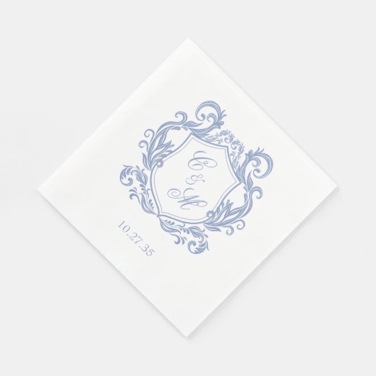 Elegant Dusty Blue Monogram Wappen Wedding Serviette (Ecke)