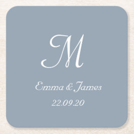 Elegant Dusty Blue Monogram Wedding Custom Rechteckiger Pappuntersetzer