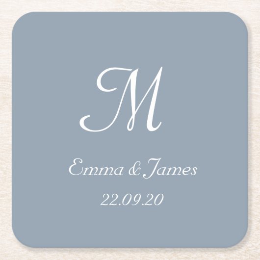 Elegant Dusty Blue Monogram Wedding Custom Rechteckiger Pappuntersetzer (Vorderseite)
