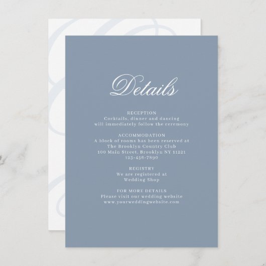 Elegant Dusty Blue Monogram Wedding Details Begleitkarte (Vorne/Hinten)