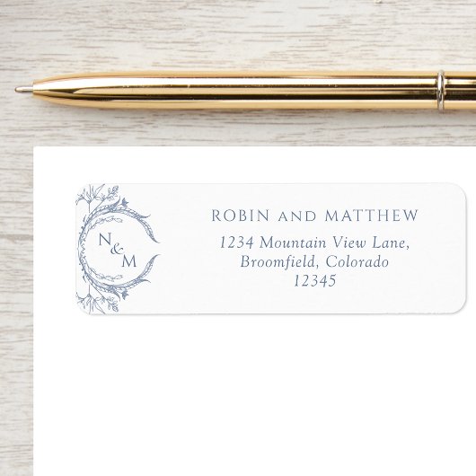 Elegant Dusty Blue Monogram Wedding Rücksendeadres