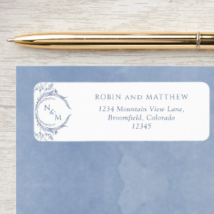 Elegant Dusty Blue Monogram Wedding Rücksendeadres