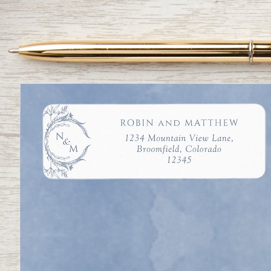 Elegant Dusty Blue Monogram Wedding Rücksendeadres