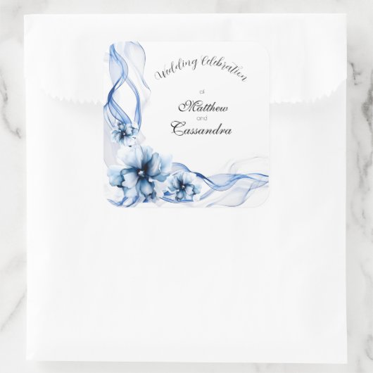 Elegant Dusty Blue Navy Blume Hochzeit Quadratischer Aufkleber (Tasche)