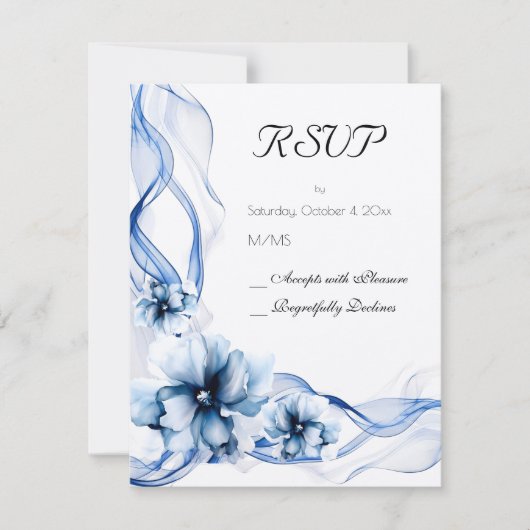 Elegant Dusty Blue Navy Blume Hochzeit RSVP Karte (Vorderseite)