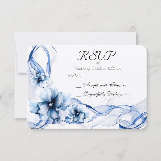 Elegant Dusty Blue Navy Blume Hochzeit RSVP Karte (Vorderseite)