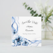 Elegant Dusty Blue Navy Blume Hochzeit Save The Date (Stehend Vorderseite)