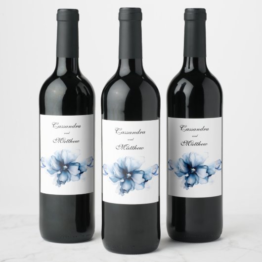 Elegant Dusty Blue Navy Blume Hochzeit Weinetikett (Flaschen)