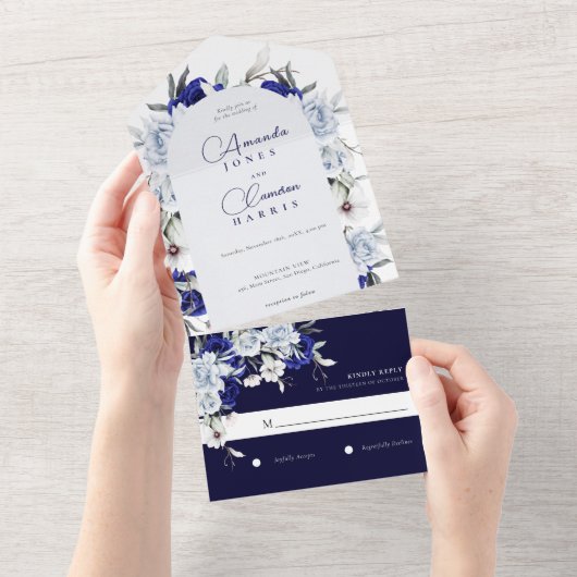 Elegant Dusty Blue Navy Floral Arch Wedding All In One Einladung (Abreißen)