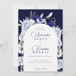 Elegant Dusty Blue Navy Floral Arch Wedding Einladung