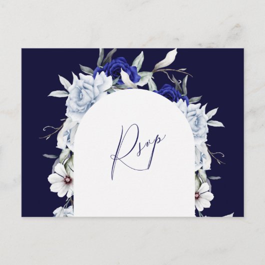 Elegant Dusty Blue Navy Floral Arch Wedding RSVP Postkarte (Vorderseite)