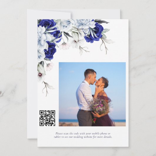 Elegant Dusty Blue Navy Floral QR Code Hochzeit Save The Date (Rückseite)