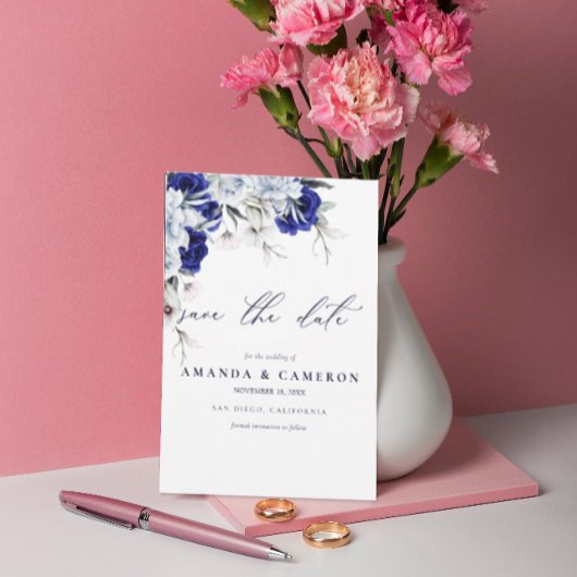 Elegant Dusty Blue Navy Floral QR Code Hochzeit Save The Date