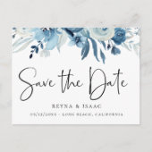 Elegant Dusty Blue Navy Floral Save the Date Ankündigungspostkarte (Vorderseite)