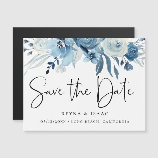 Elegant Dusty Blue Navy Floral Save the Date Magnetkarte (Vorne/Hinten)