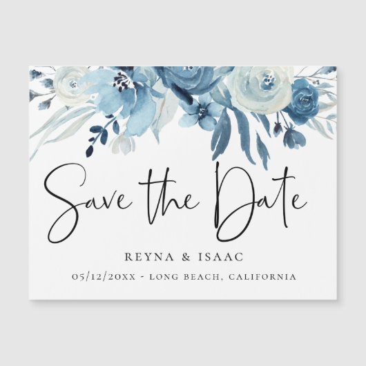 Elegant Dusty Blue Navy Floral Save the Date Magnetkarte (Vorderseite)
