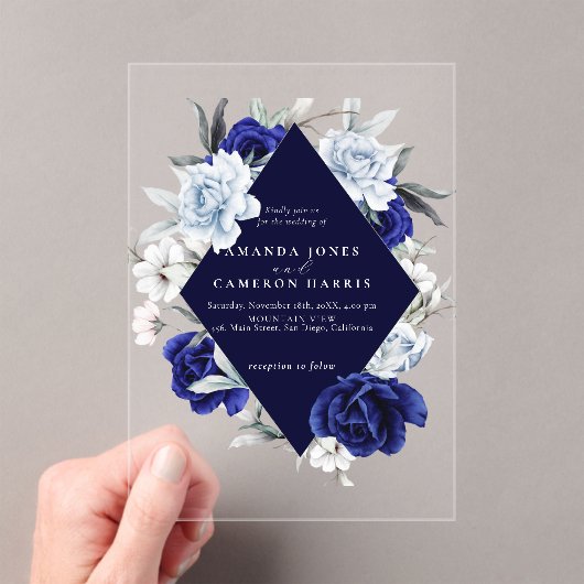 Elegant Dusty Blue Navy Floral Wedding Acryleinladungen (Insitu (Handheld))