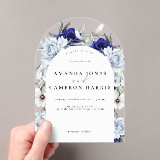 Elegant Dusty Blue Navy Floral Wedding Arch Acryleinladungen