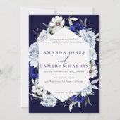 Elegant Dusty Blue Navy Floral Wedding Einladung (Vorderseite)