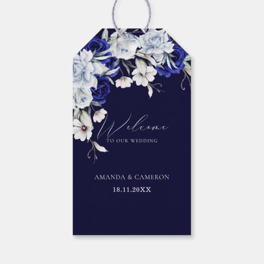 Elegant Dusty Blue Navy Floral Wedding Geschenkanhänger (Rückseite)