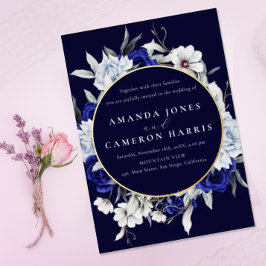 Elegant Dusty Blue Navy Floral Wedding Gold Folieneinladung