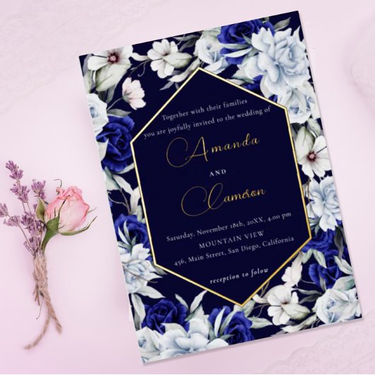 Elegant Dusty Blue Navy Floral Wedding Gold Folieneinladung