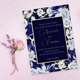 Elegant Dusty Blue Navy Floral Wedding Gold Folieneinladung
