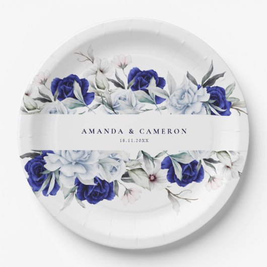 Elegant Dusty Blue Navy Floral Wedding Pappteller (Vorderseite)