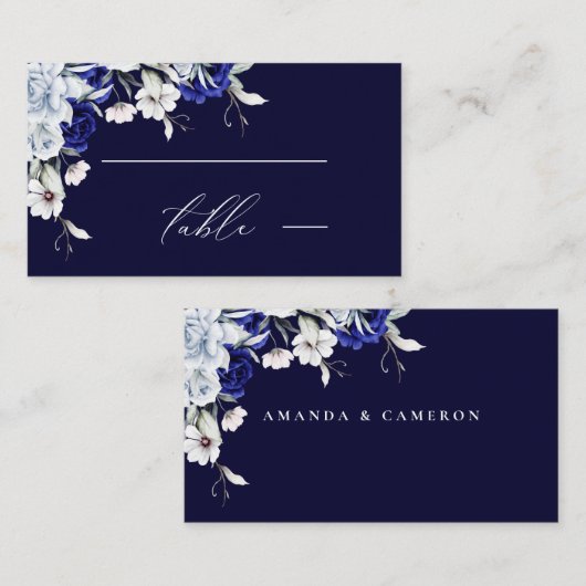 Elegant Dusty Blue Navy Floral Wedding Platzkarte (Vorne/Hinten)