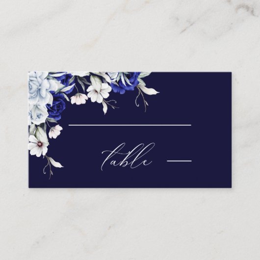 Elegant Dusty Blue Navy Floral Wedding Platzkarte (Vorderseite)